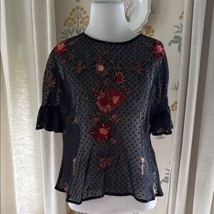 Anthropologie Embroidered Sheer Black Floral Women's Top